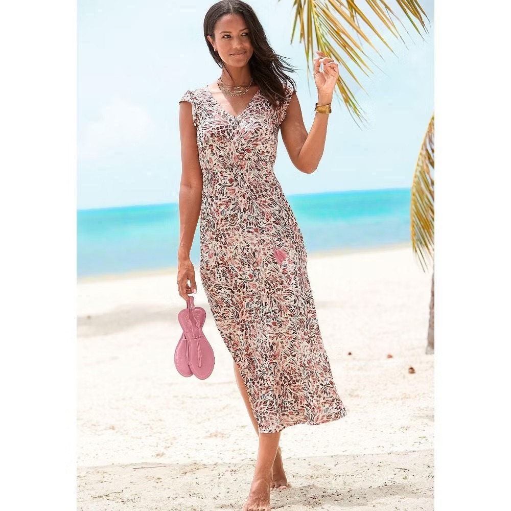 Lascana Women Side Slit Boho Floral Maxi Dress Size M Faux Wrap Beach Coastal